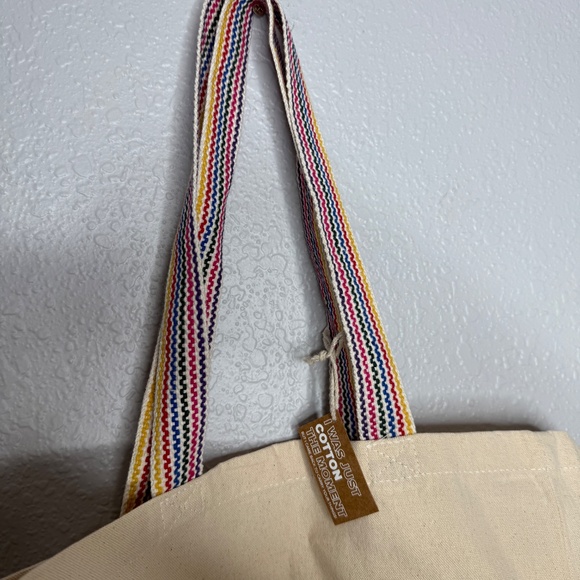 NWT Poshmark "Shop Secondhand " tote bag cream color with/rainbow striped straps - Picture 6 of 7